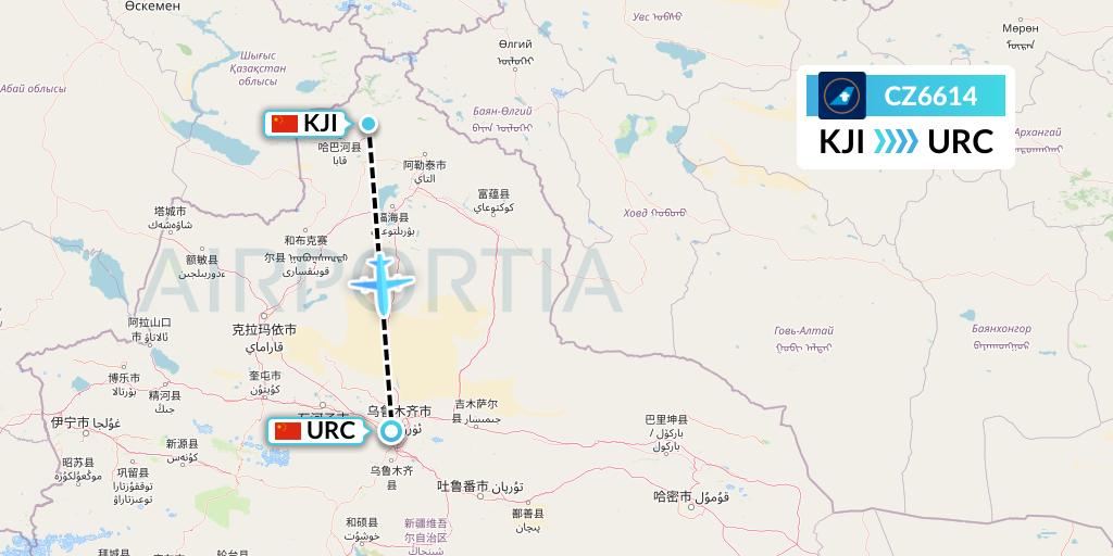 CZ6614 China Southern Airlines Flight Map: Altay to Urumqi