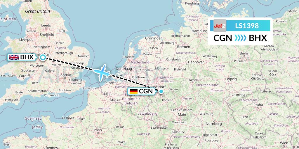 LS1398 Jet2 Flight Map: Cologne to Birmingham