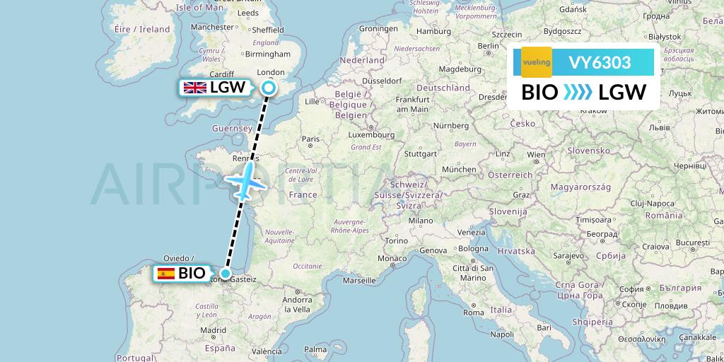 VY6303 Vueling Flight Map: Bilbao to London