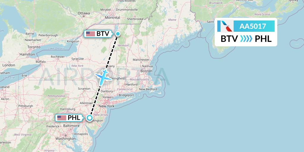 AA5017 American Airlines Flight Map: Burlington to Philadelphia