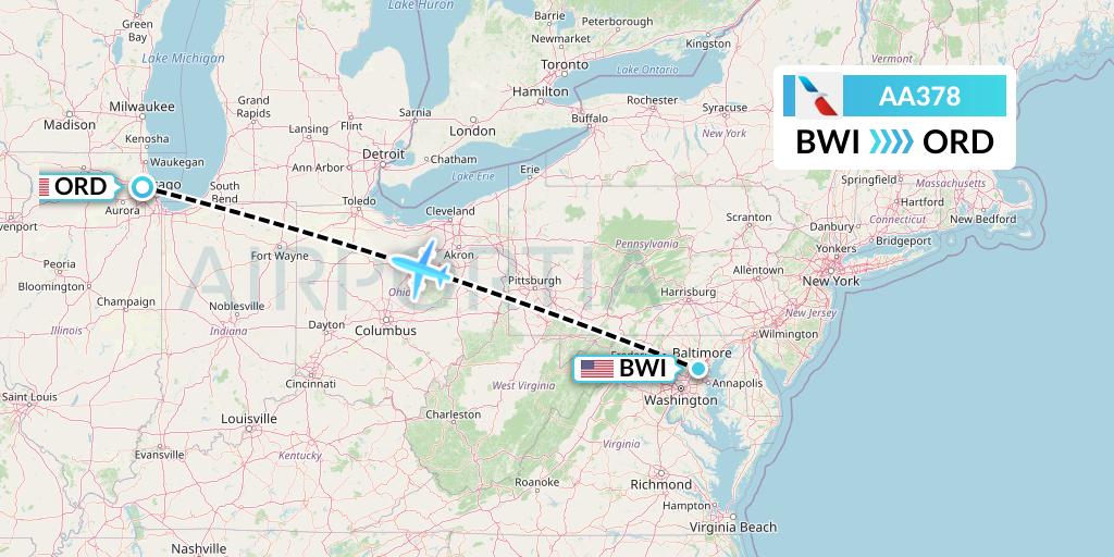AA378 American Airlines Flight Map: Baltimore to Chicago