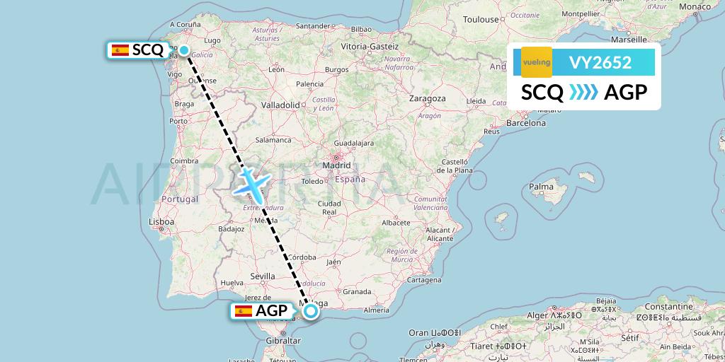 VY2652 Vueling Flight Map: Santiago to Malaga