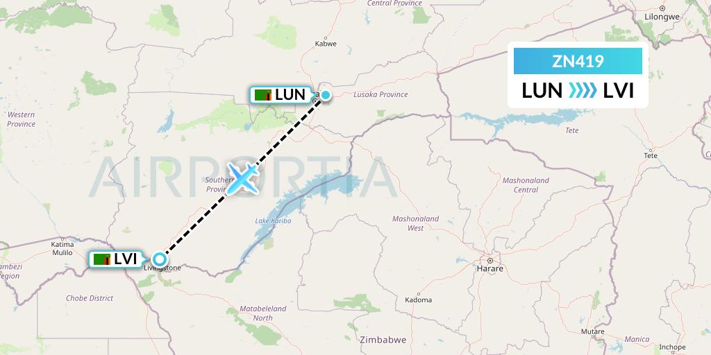 ZN419 Zambia Airways Flight Map: Lusaka to Livingstone