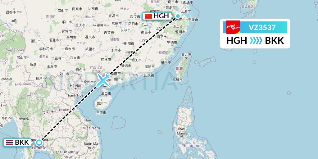 VZ3537 Thai Vietjet Air Flight Map: Hangzhou to Bangkok