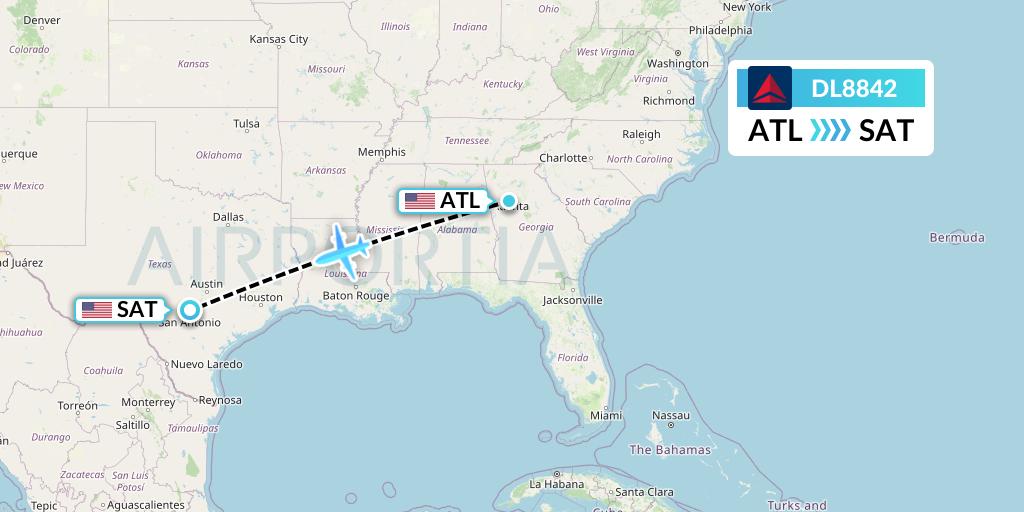DL8842 Delta Air Lines Flight Map: Atlanta to San Antonio