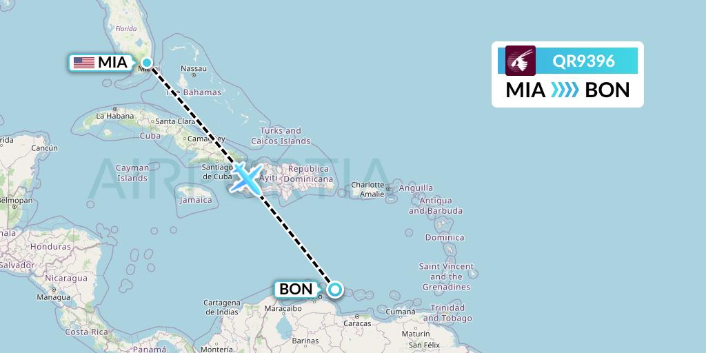 QR9396 Qatar Airways Flight Map: Miami to Bonaire
