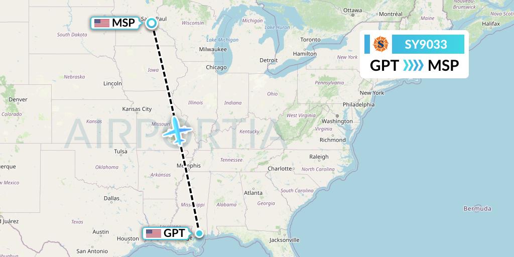 SY9033 Sun Country Airlines Flight Map: Gulfport to Minneapolis