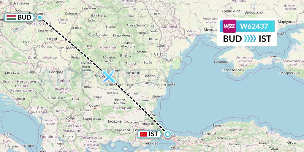 W62437 Wizz Air Flight Map: Budapest to Istanbul