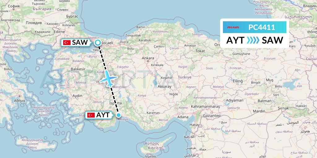 PC4411 Pegasus Airlines Flight Map: Antalya to Istanbul