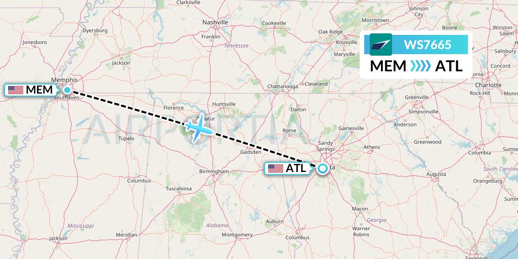 WS7665 WestJet Flight Map: Memphis to Atlanta