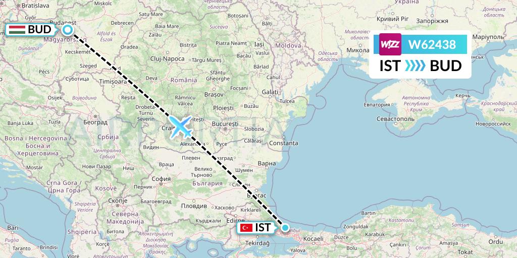 W62438 Wizz Air Flight Map: Istanbul to Budapest