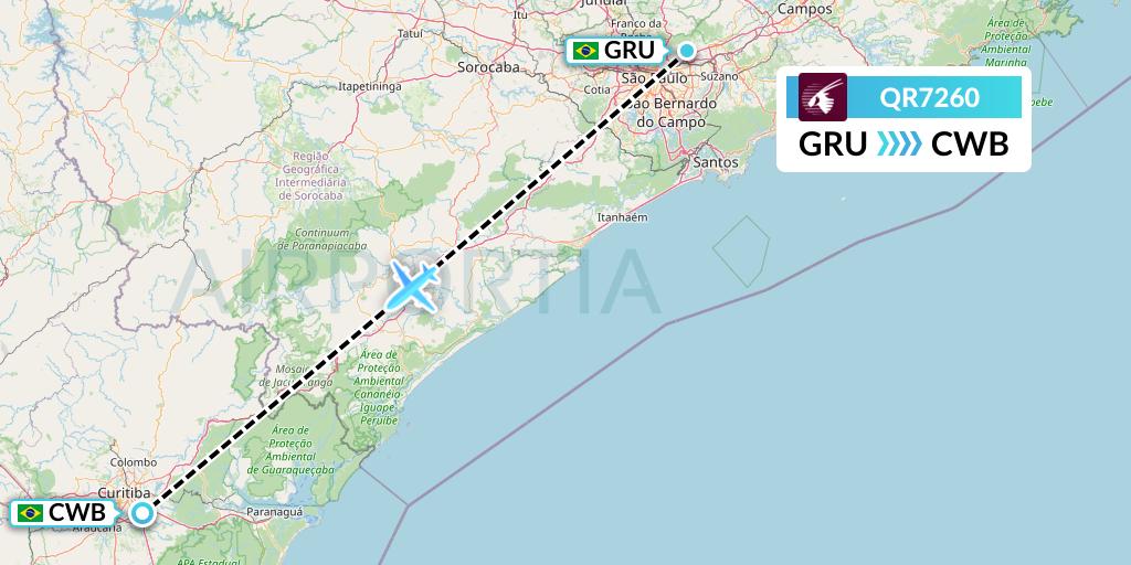 QR7260 Qatar Airways Flight Map: Sao Paulo to Curitiba