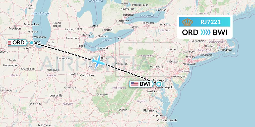 RJ7221 Royal Jordanian Flight Map: Chicago to Baltimore