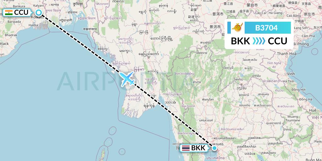 B3704 Bhutan Airlines Flight Map: Bangkok to Kolkata