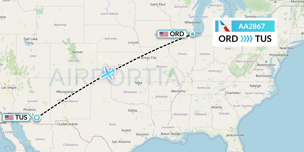 AA2867 American Airlines Flight Map: Chicago to Tucson