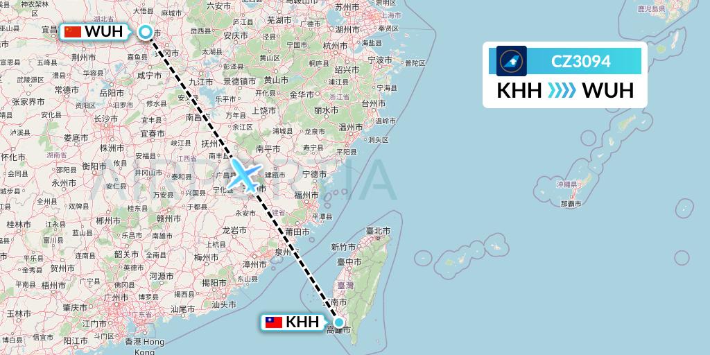 CZ3094 China Southern Airlines Flight Map: Kaohsiung to Wuhan