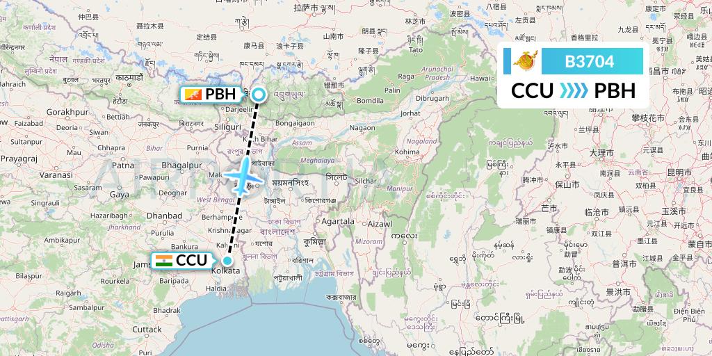 B3704 Bhutan Airlines Flight Map: Kolkata to Paro