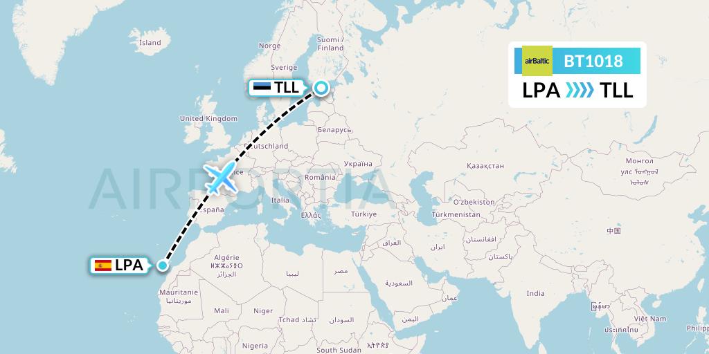 BT1018 Air Baltic Flight Map: Las Palmas to Tallinn