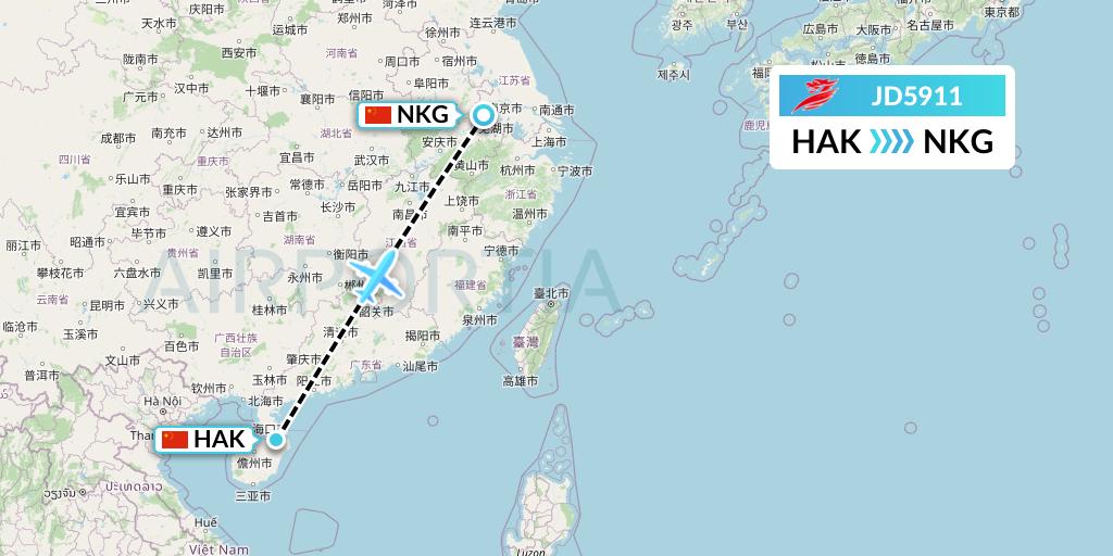 JD5911 Capital Airlines Flight Map: Haikou to Nanjing