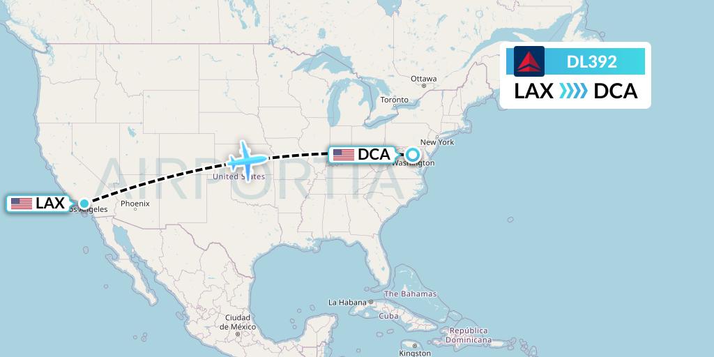 DL392 Delta Air Lines Flight Map: Los Angeles to Washington