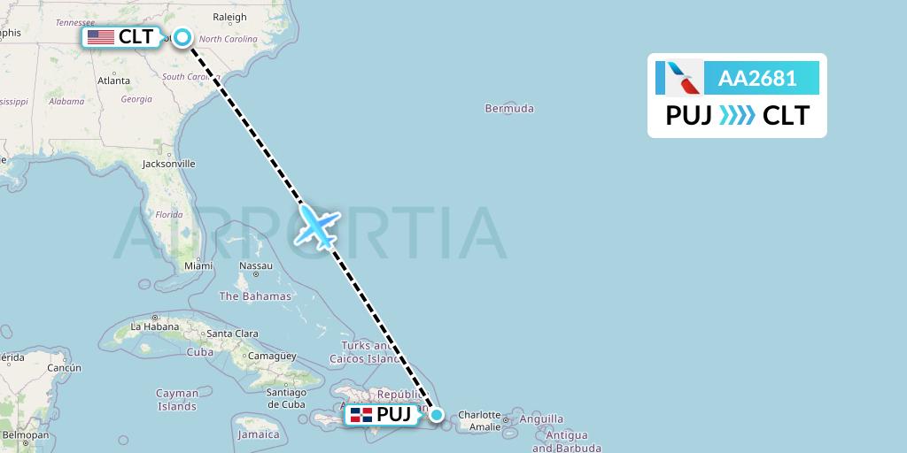 AA2681 American Airlines Flight Map: Punta Cana to Charlotte