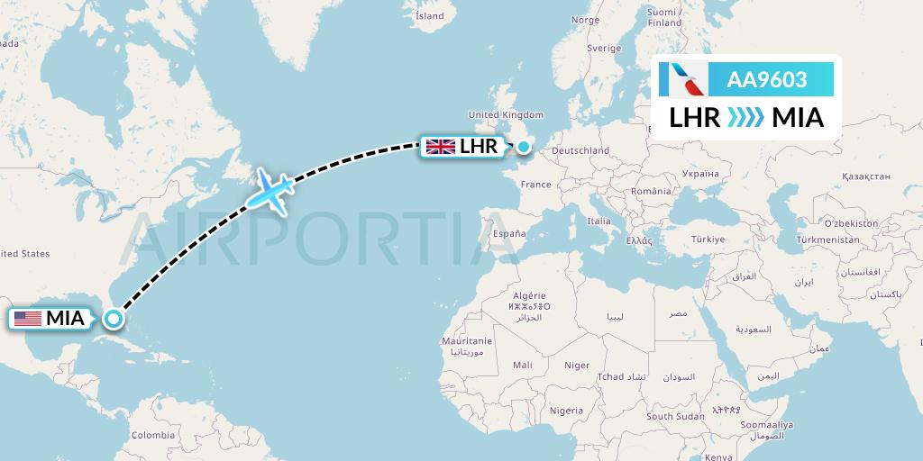 AA9603 American Airlines Flight Map: London to Miami