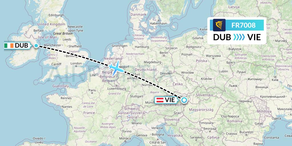 FR7008 Ryanair Flight Map: Dublin to Vienna