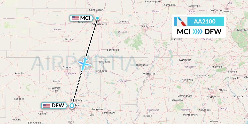 AA2100 American Airlines Flight Map: Kansas City to Dallas
