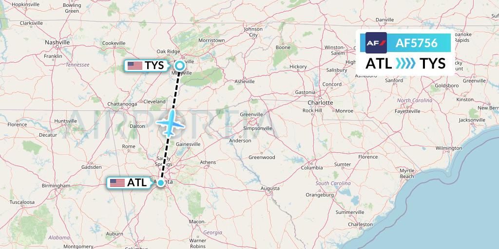 AF5756 Air France Flight Map: Atlanta to Knoxville