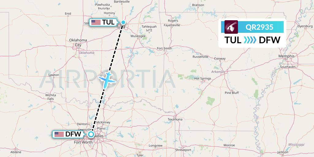 QR2935 Qatar Airways Flight Map: Tulsa to Dallas