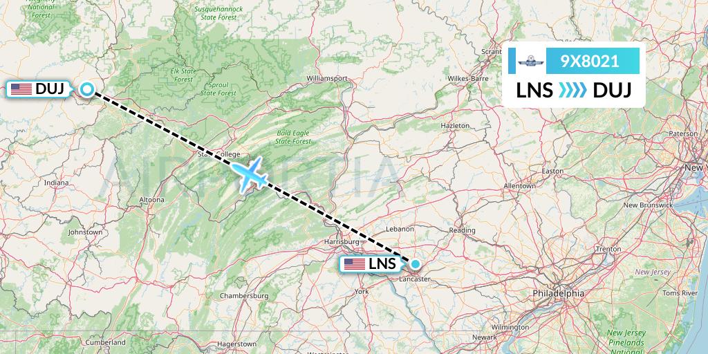 9X8021 Southern Airways Express Flight Map: Lancaster to Dubois