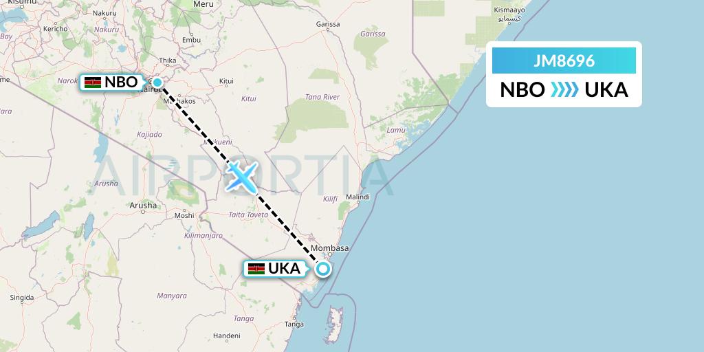 JM8696 Jambojet Limited Flight Map: Nairobi to Ukunda