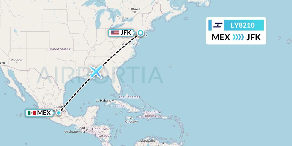 LY8210 El Al Flight Map: Mexico City to New York