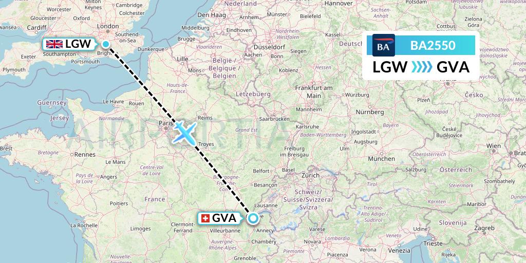 BA2550 British Airways Flight Map: London to Geneva