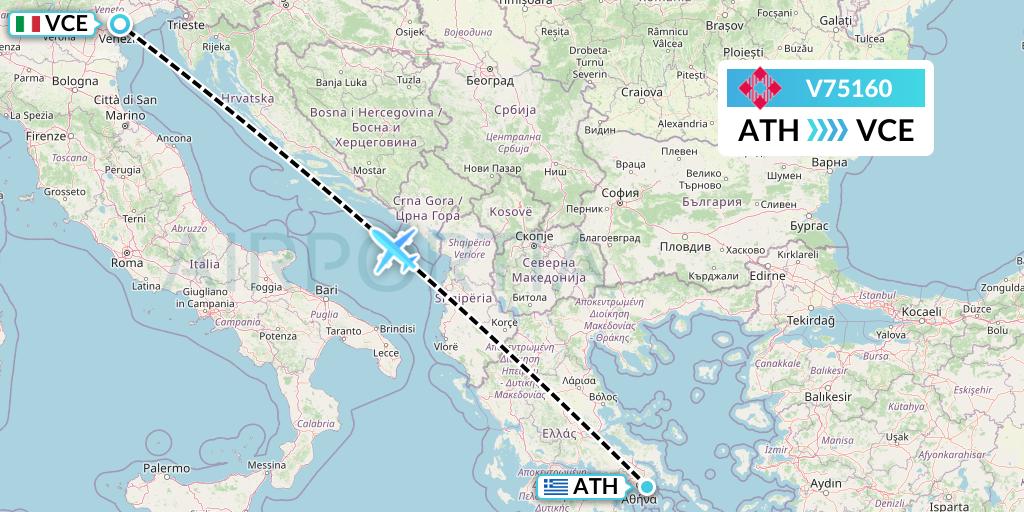 V75160 Volotea Flight Map: Athens to Venice