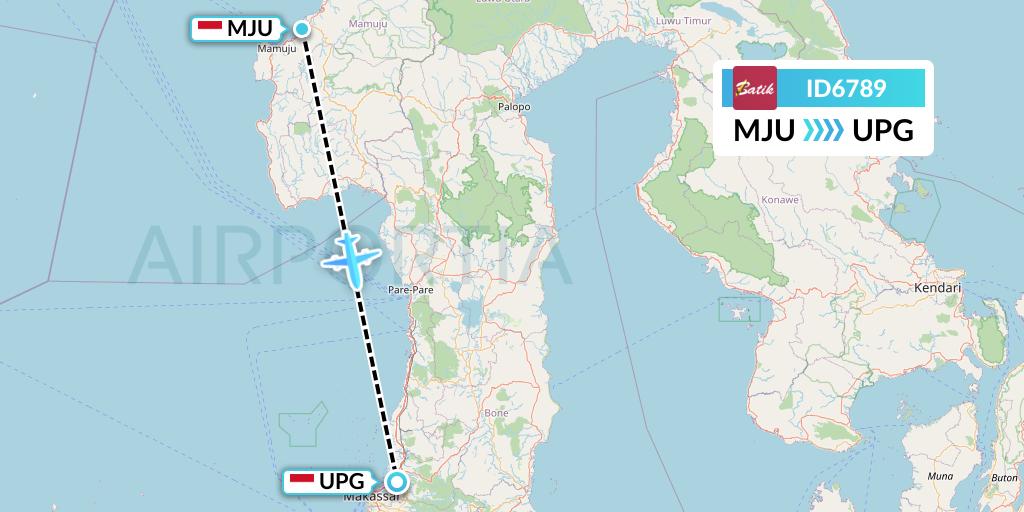 ID6789 Batik Air Flight Map: Mamuju-Celebes Island to Makassar