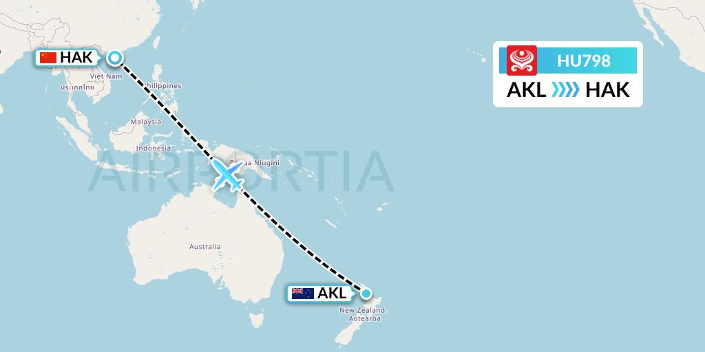 HU798 Hainan Airlines Flight Map: Auckland to Haikou