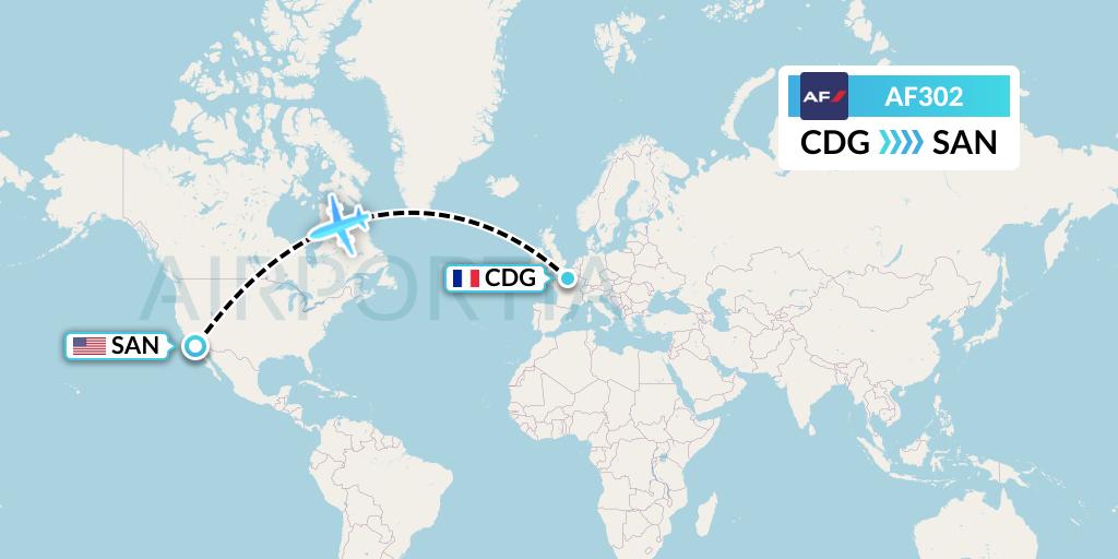 AF302 Air France Flight Map: Paris to San Diego