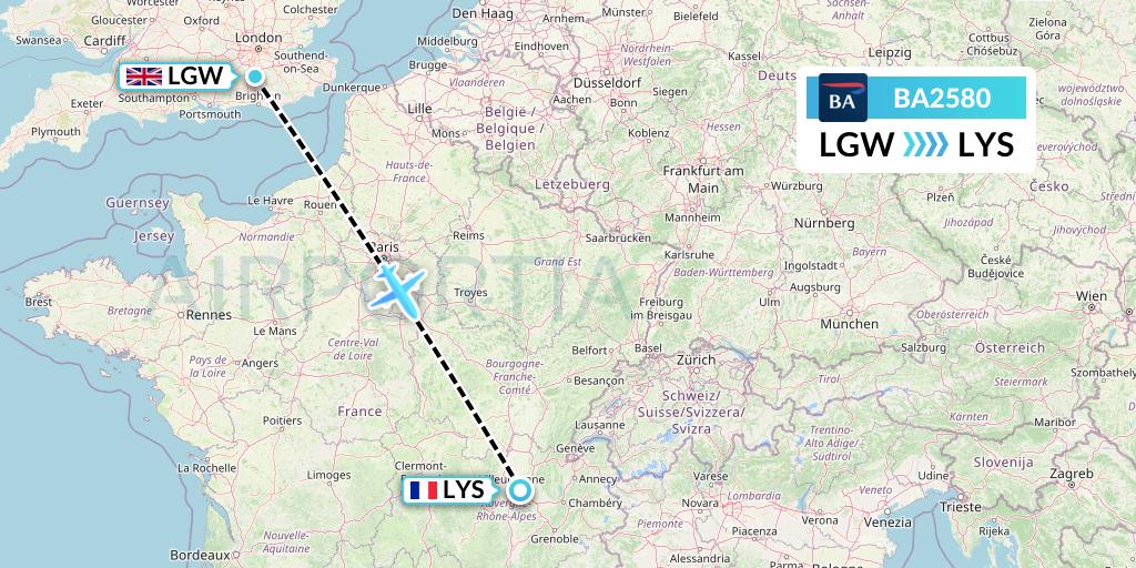 BA2580 British Airways Flight Map: London to Lyon