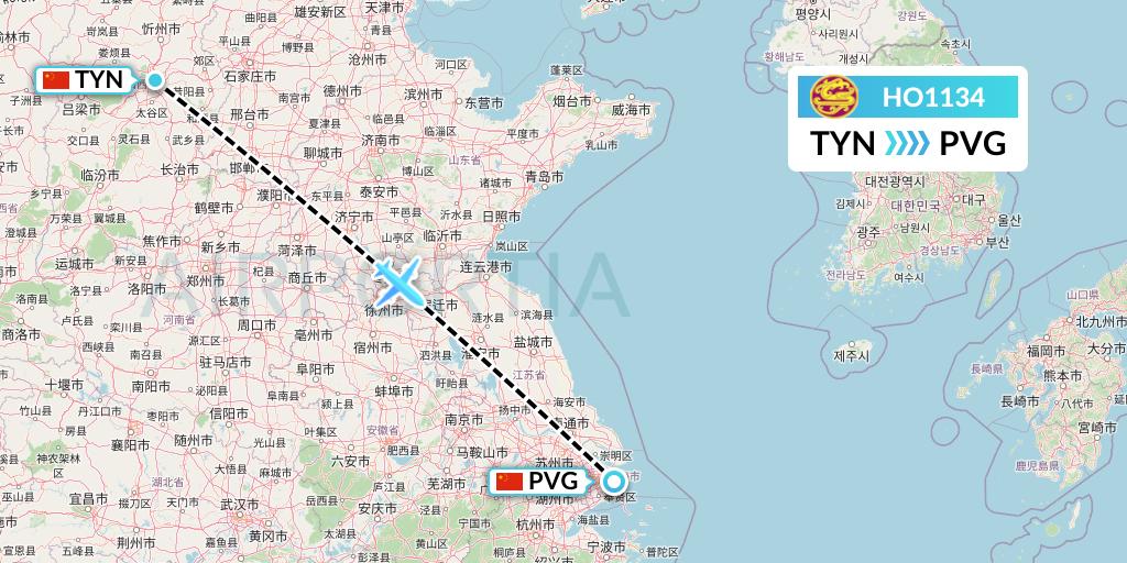 HO1134 Juneyao Airlines Flight Map: Taiyuan to Shanghai