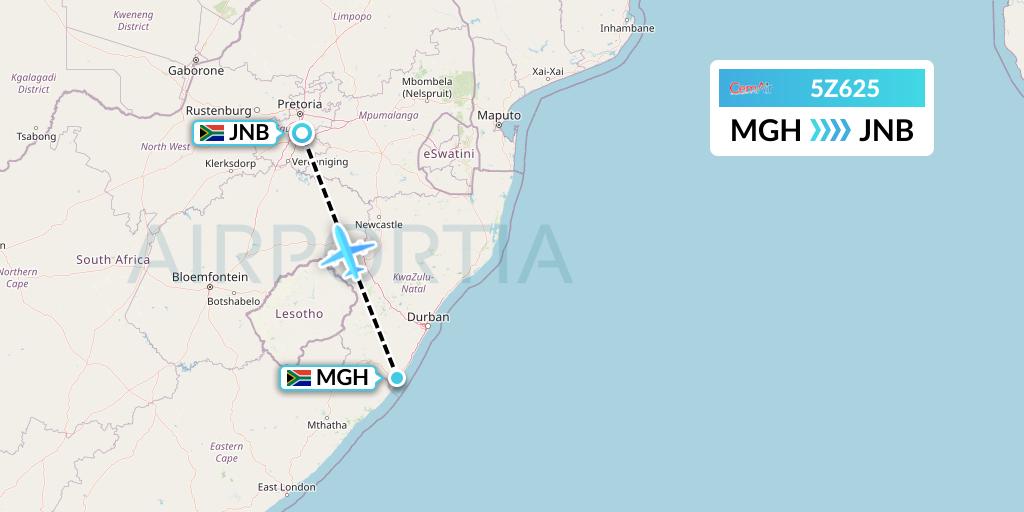 5Z625 CemAir Flight Map: Margate to Johannesburg