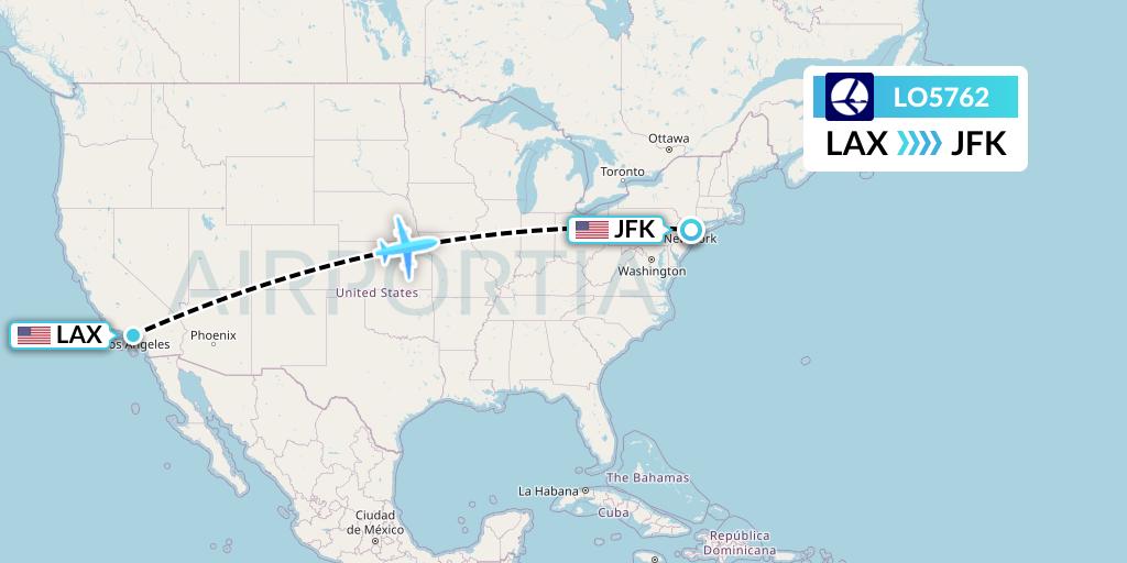 LO5762 LOT Flight Map: Los Angeles to New York