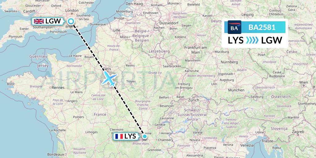 BA2581 British Airways Flight Map: Lyon to London