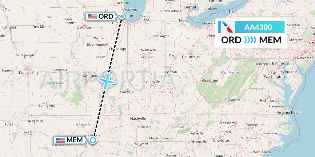 AA4300 American Airlines Flight Map: Chicago to Memphis