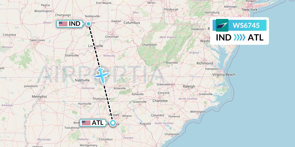 WS6745 WestJet Flight Map: Indianapolis to Atlanta