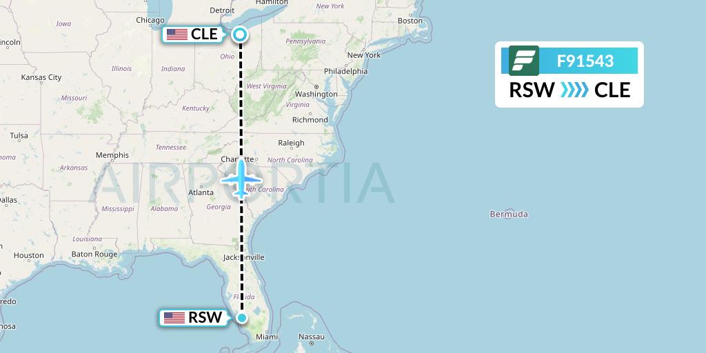 F91543 Frontier Airlines Flight Map: Fort Myers to Cleveland