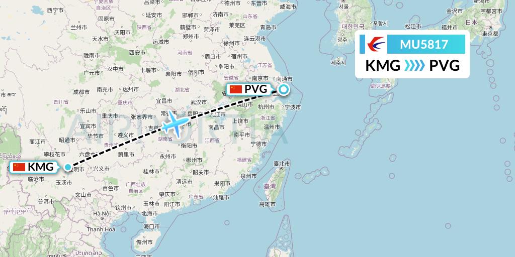 MU5817 China Eastern Airlines Flight Map: Kunming to Shanghai
