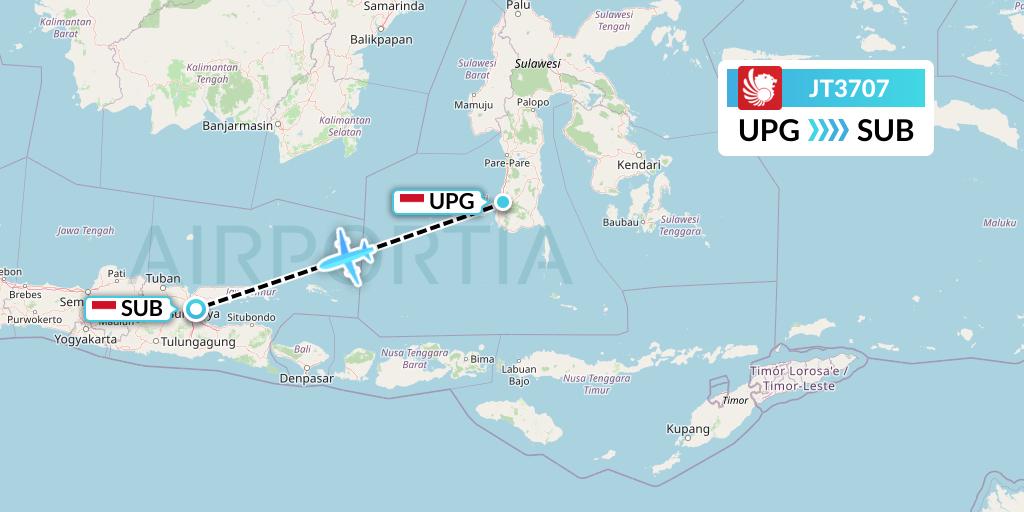 JT3707 Lion Airlines Flight Map: Makassar to Surabaya