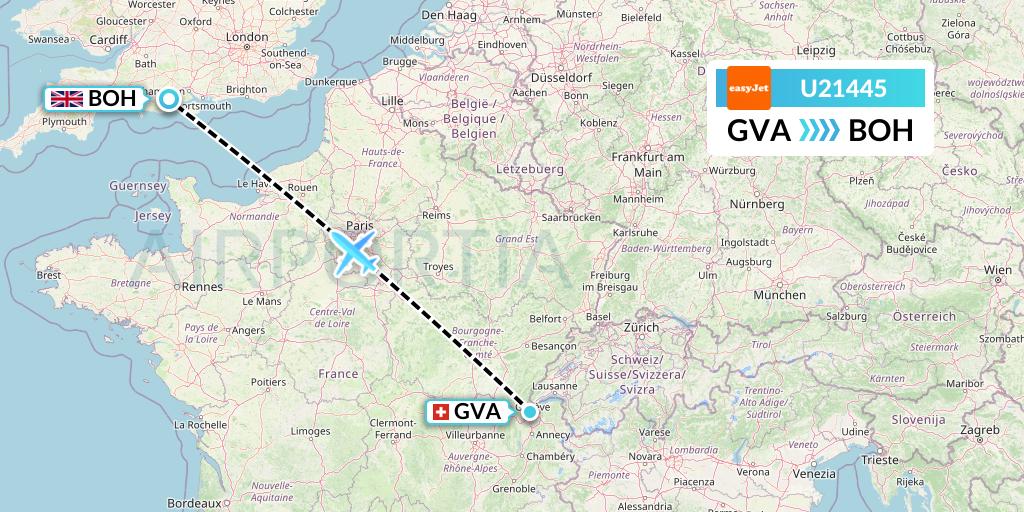 U21445 EasyJet Flight Map: Geneva to Bournemouth