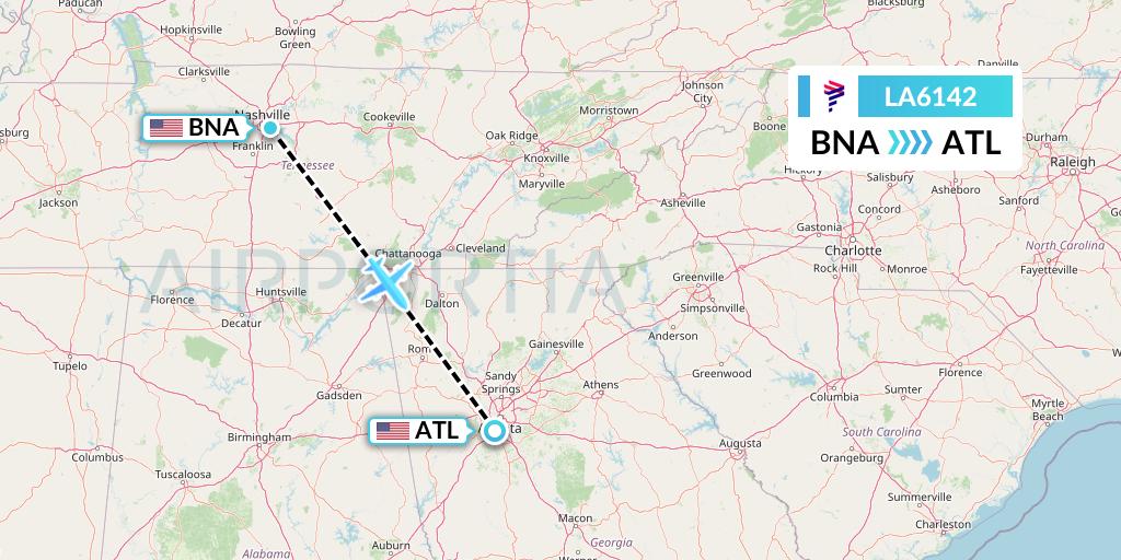 LA6142 LAN Airlines Flight Map: Nashville to Atlanta